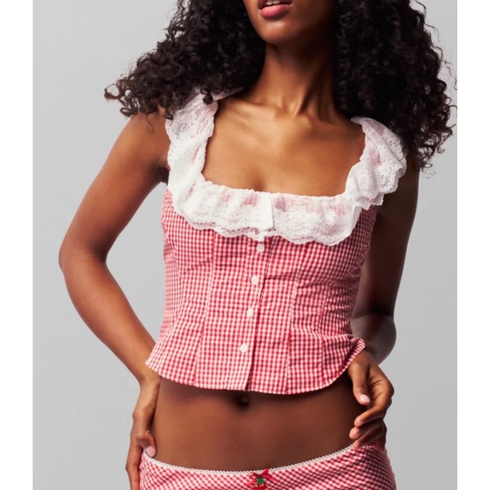 Guizio Paloma Red White Gingham Lace Trim Button Front Crop Top XL Womens